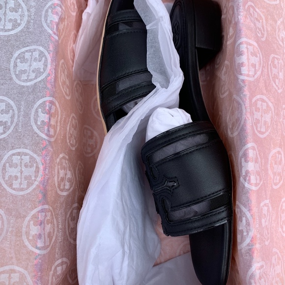 Tory Burch Stitched Logo Leather Slide Sandals NIB BLACK - Picture 6 of 8